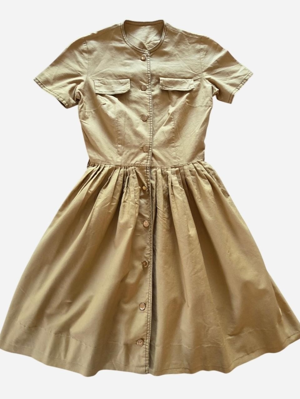 Vintage 50s safari expedition khaki shirt dress circle skirt pockets mustard XS